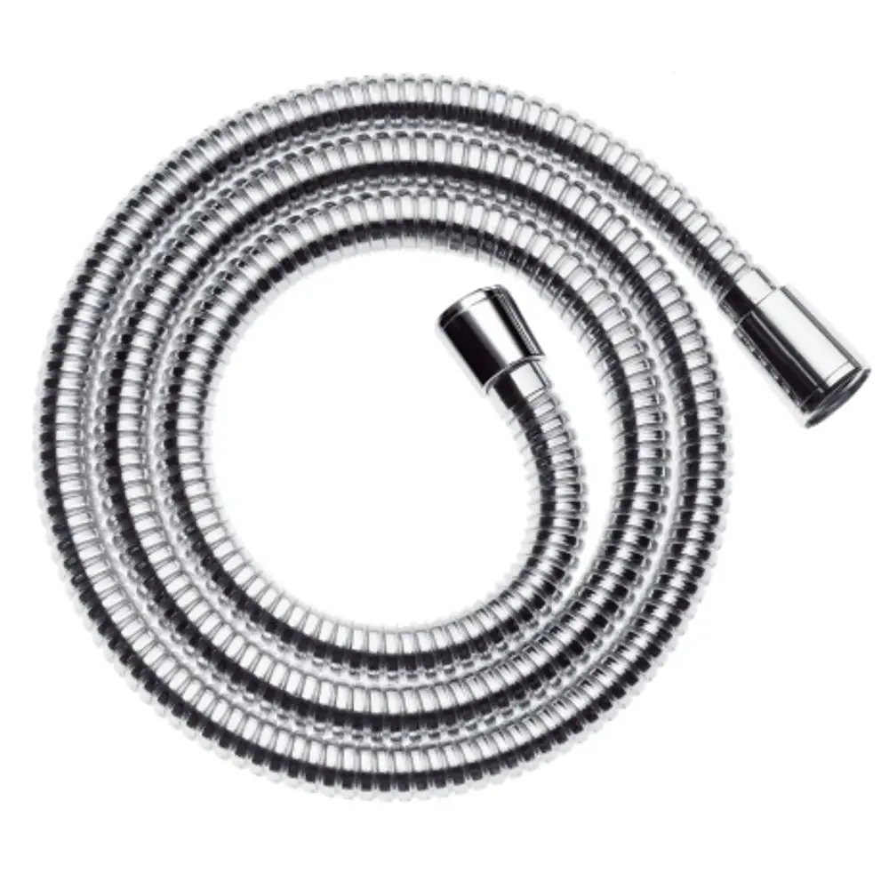 Metallbrauseschlauch mit flexibler spiralförmiger Struktur und verchromten Endstücken. Produkt der Marke Hansgrohe, geeignet für den Einsatz in Duschen.